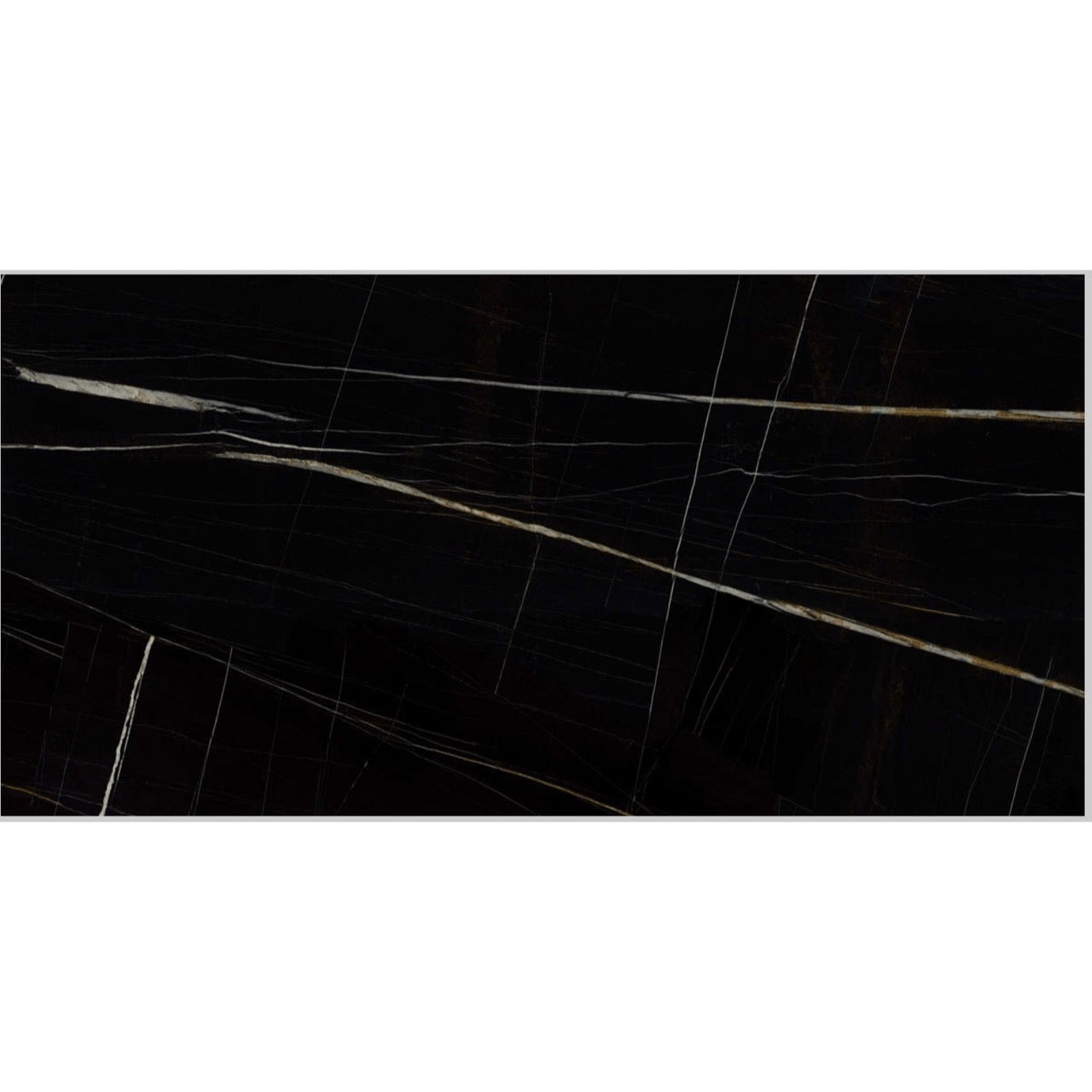 Detailed view of the Imperial Black Marble Effect Tile showcasing its rich black base and intricate high-gloss veining in white and golden tones.
