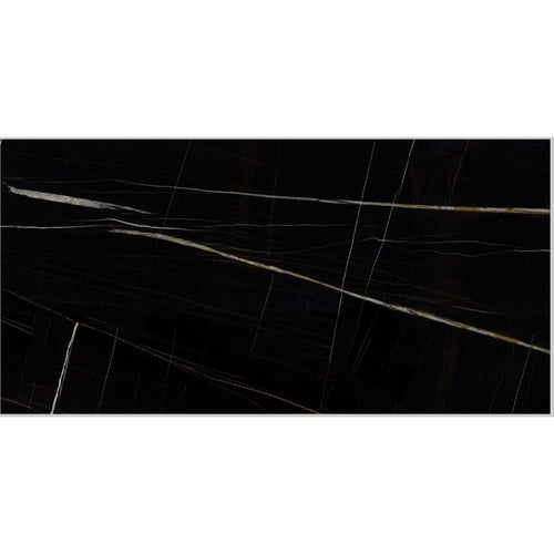 Detailed view of the Imperial Black Marble Effect Tile showcasing its rich black base and intricate high-gloss veining in white and golden tones.