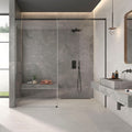 Modern bathroom setting featuring Leto Grey Stone-effect Wall & Floor Tiles with walk-in shower and floating basin.