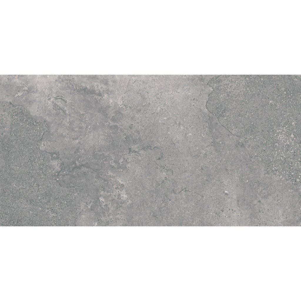 Close-up texture of the Leto Grey porcelain tile showing its natural stone-inspired matte surface and grey tonal variations.