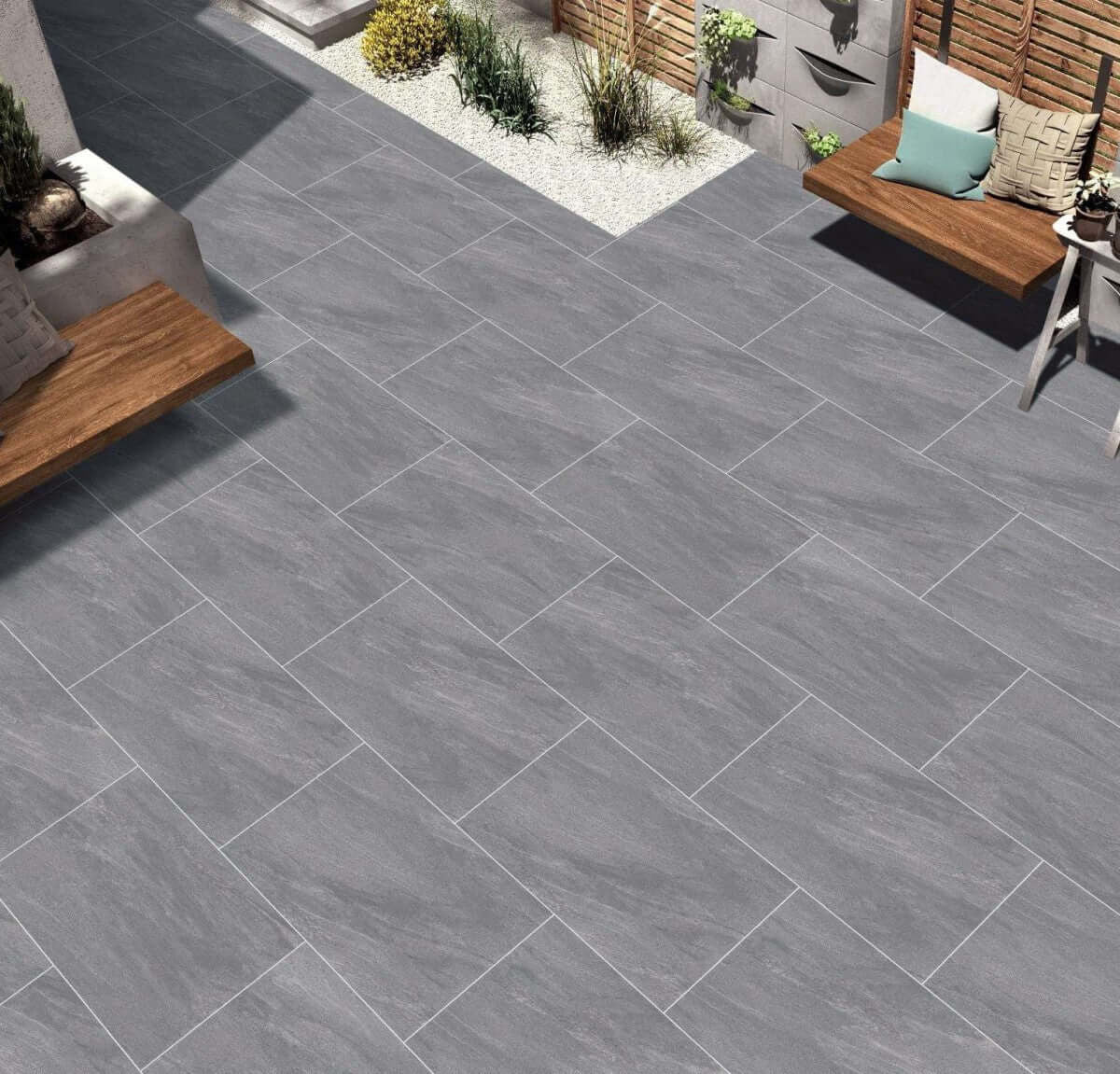 Light ash stone effect outdoor porcelain paving tiles 900x600mm in garden setting