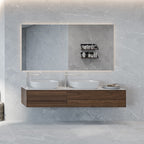 Contemporary double vanity setup with Lithos Grey porcelain tiles on the wall, mirror lighting, and wood cabinetry.