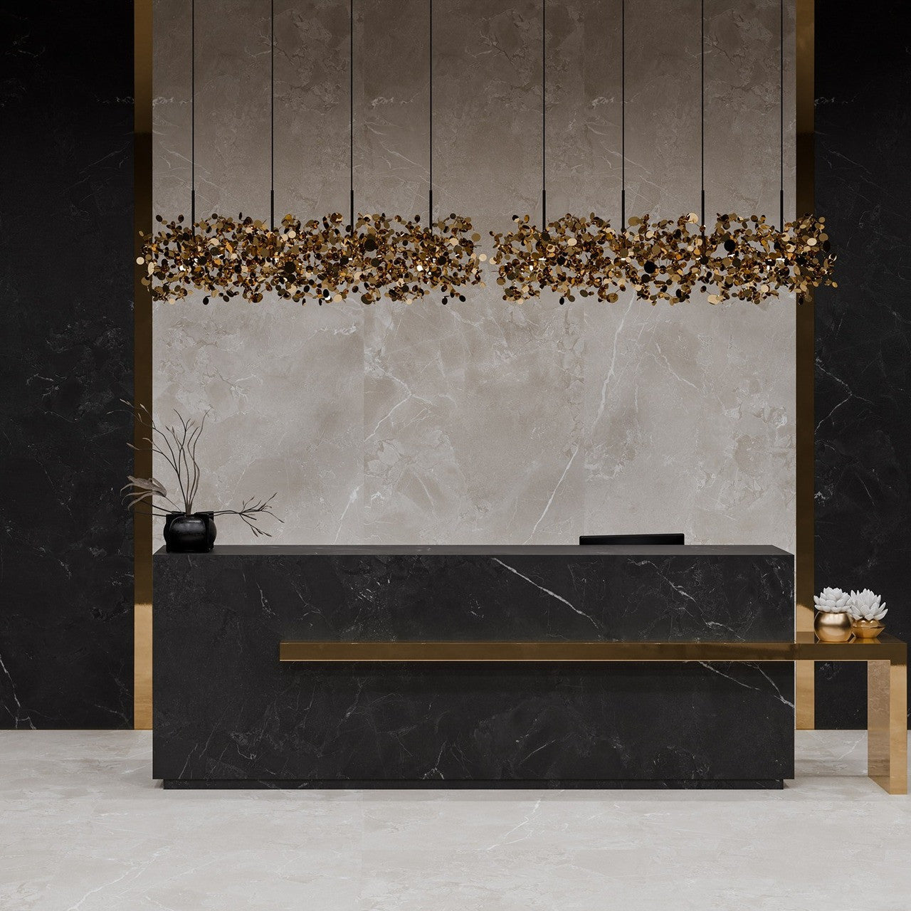 Reception area styled with Lithos Mink stone-effect wall and floor tiles, featuring warm lighting and minimalist décor.