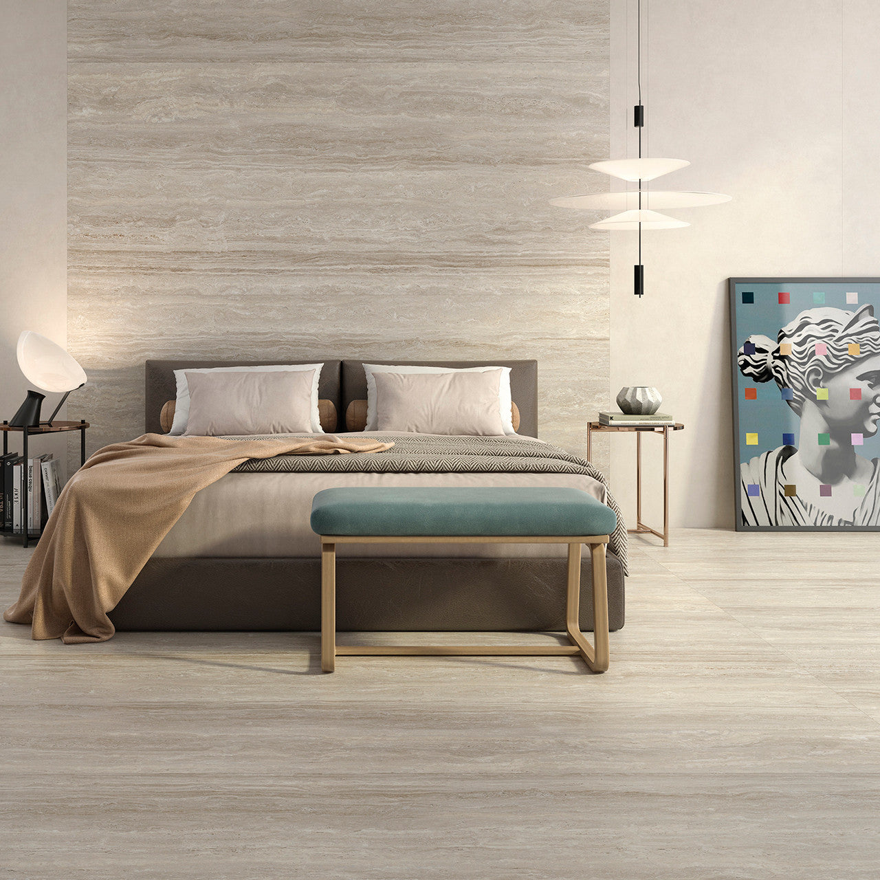 Elegant bedroom featuring Marlon Brown travertino-look porcelain tiles with a matt finish across floor and wall.