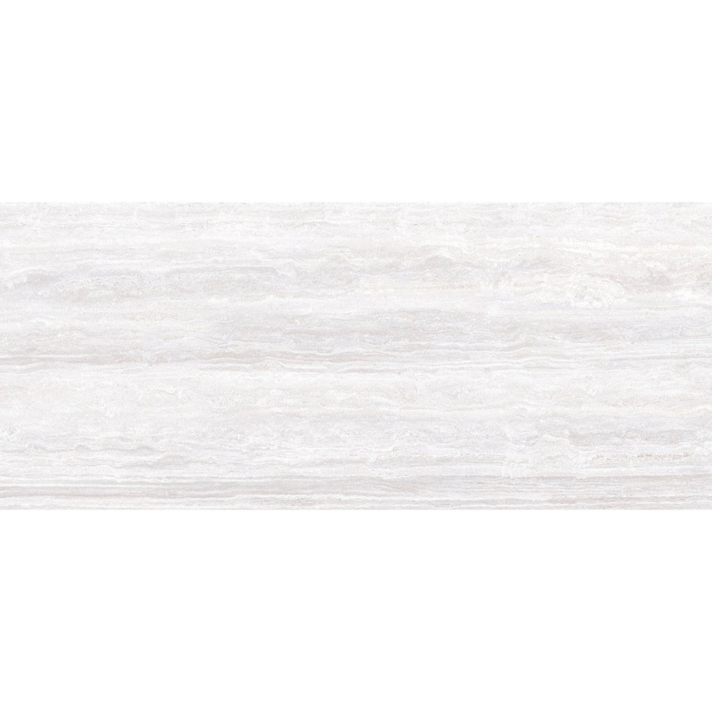 Detailed view of the Marlon White tile showcasing its white tones and natural travertine-style veining.
