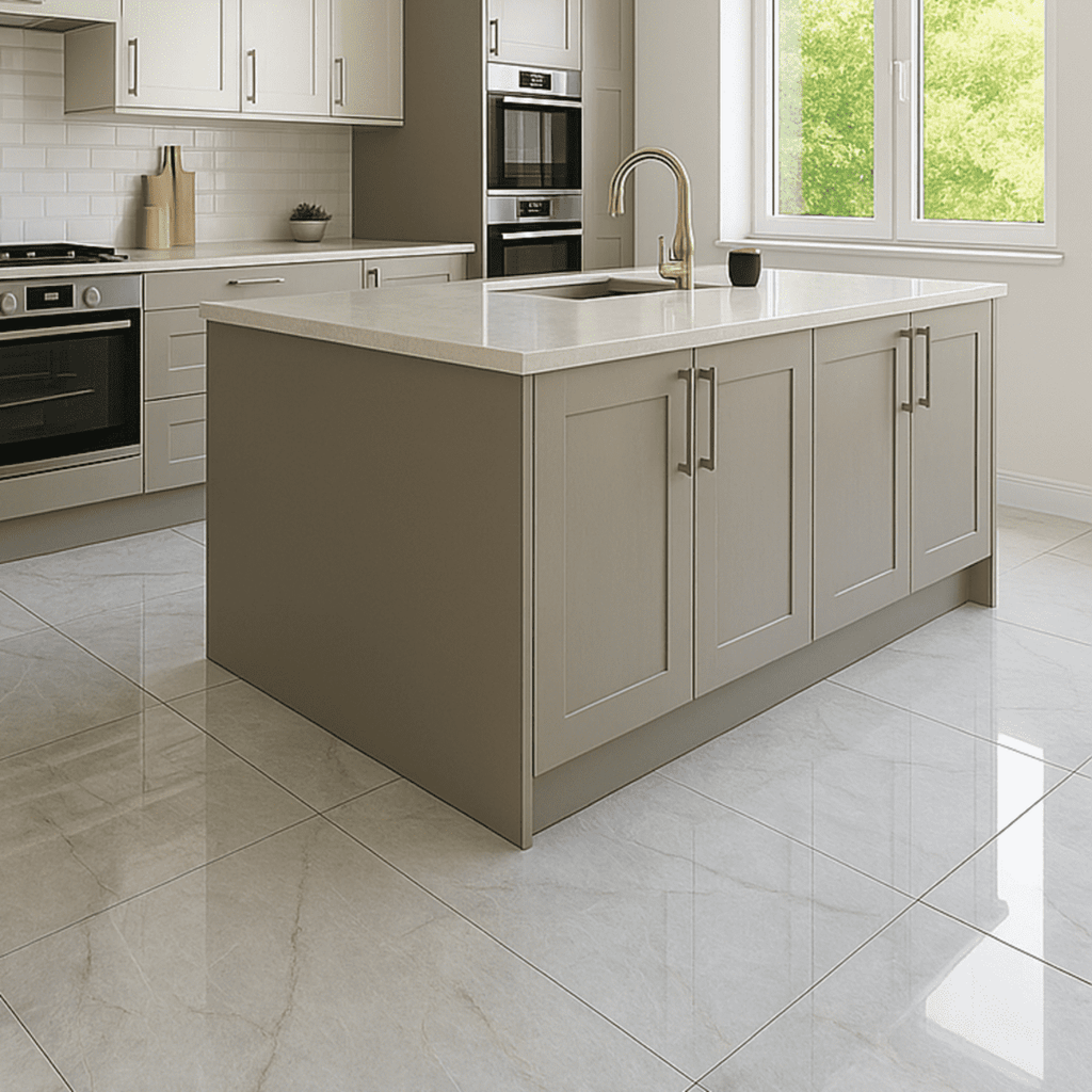 Room featuring Milan Pearl White Polished Porcelain Tiles (60x120cm) on floor and walls – large-format marble effect with high-gloss finish.