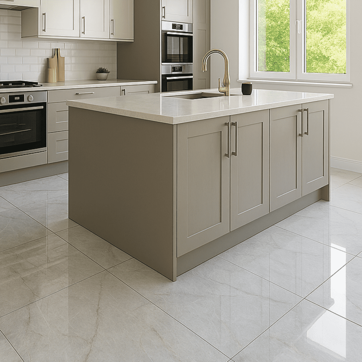 Room featuring Milan Pearl White Polished Porcelain Tiles (60x120cm) on floor and walls – large-format marble effect with high-gloss finish.