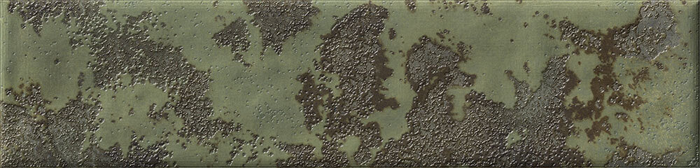 Detailed view of Oceania Green Textured Metro Tile showing earthy green tones, glossy finish and cratered surface texture.