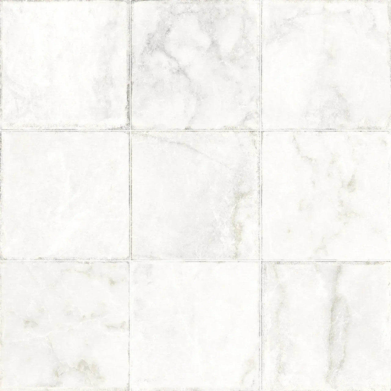 Overhead view of Noble White tiles arranged in a grid layout, showing their natural variation and stone-effect detailing.