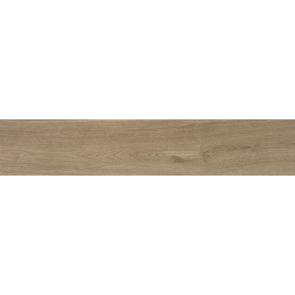 Close-up of Oakmere Pine porcelain tile surface showing lifelike wood grain texture and warm pine colouring.
