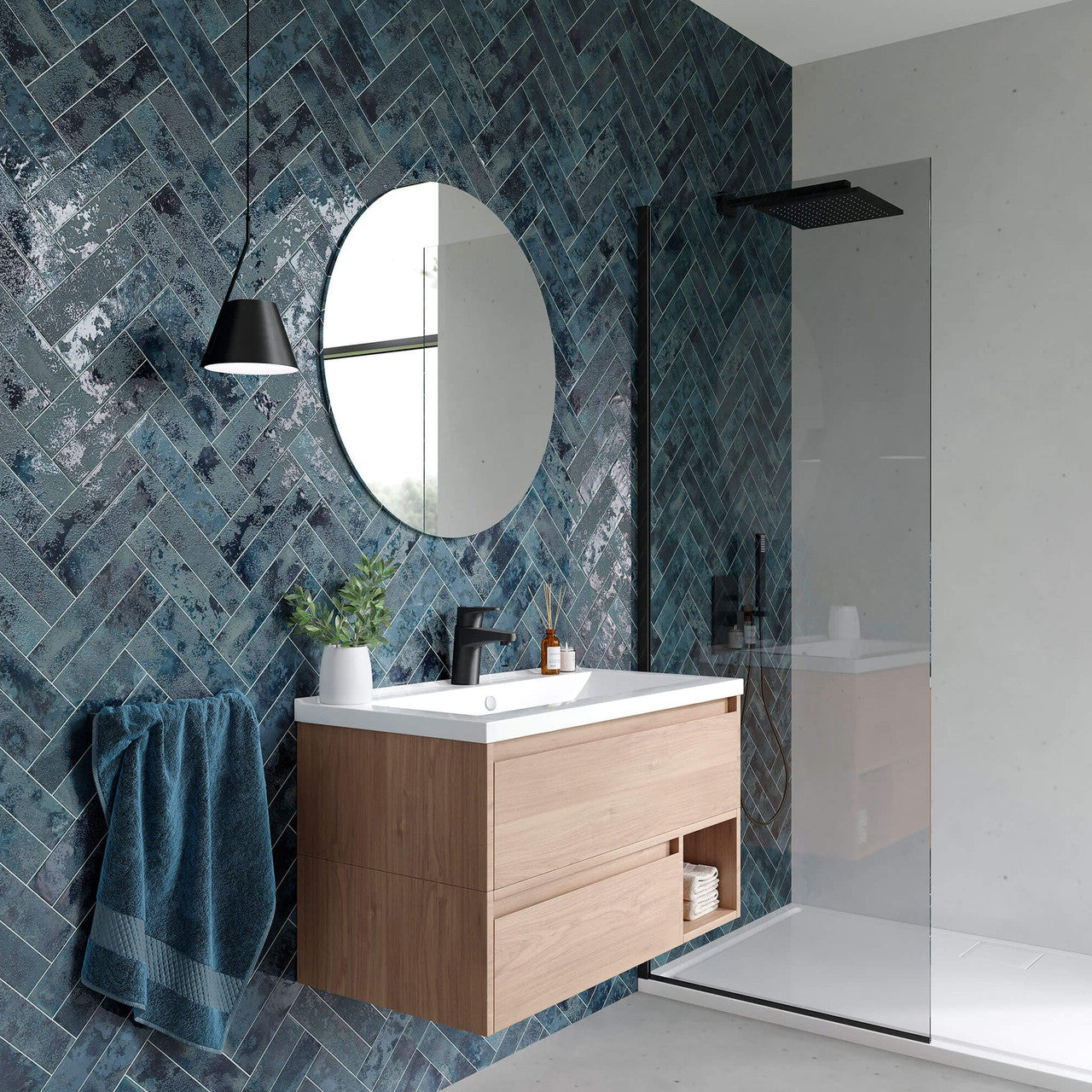 Oceania Blue Textured Metro Wall Tile 6cm x 25cm used on bathroom feature wall with modern vanity and glass shower