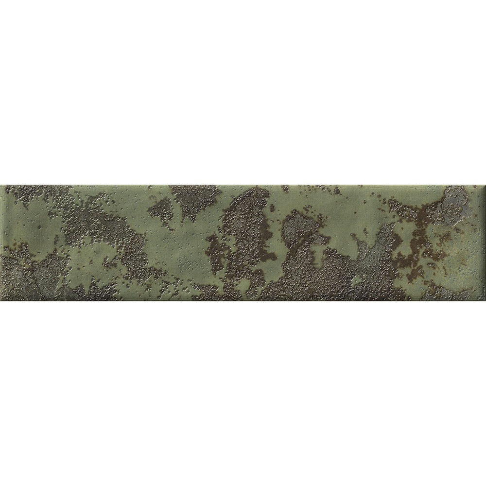 Detailed view of Oceania Green Textured Metro Tile showing earthy green tones, glossy finish and cratered surface texture.