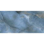 Close-up of Opal Blue super-polished onyx-effect porcelain tile veining