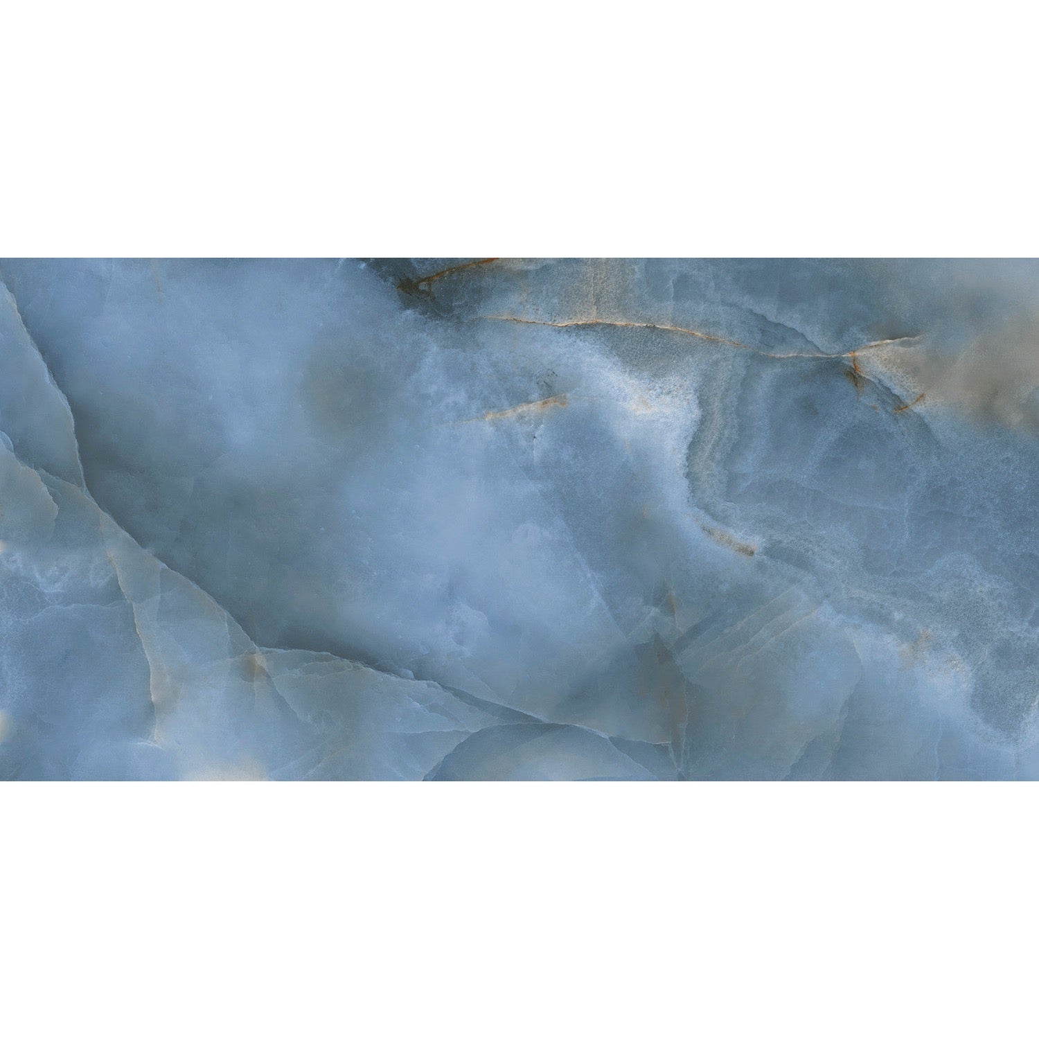 Close-up of Opal Blue super-polished onyx-effect porcelain tile veining