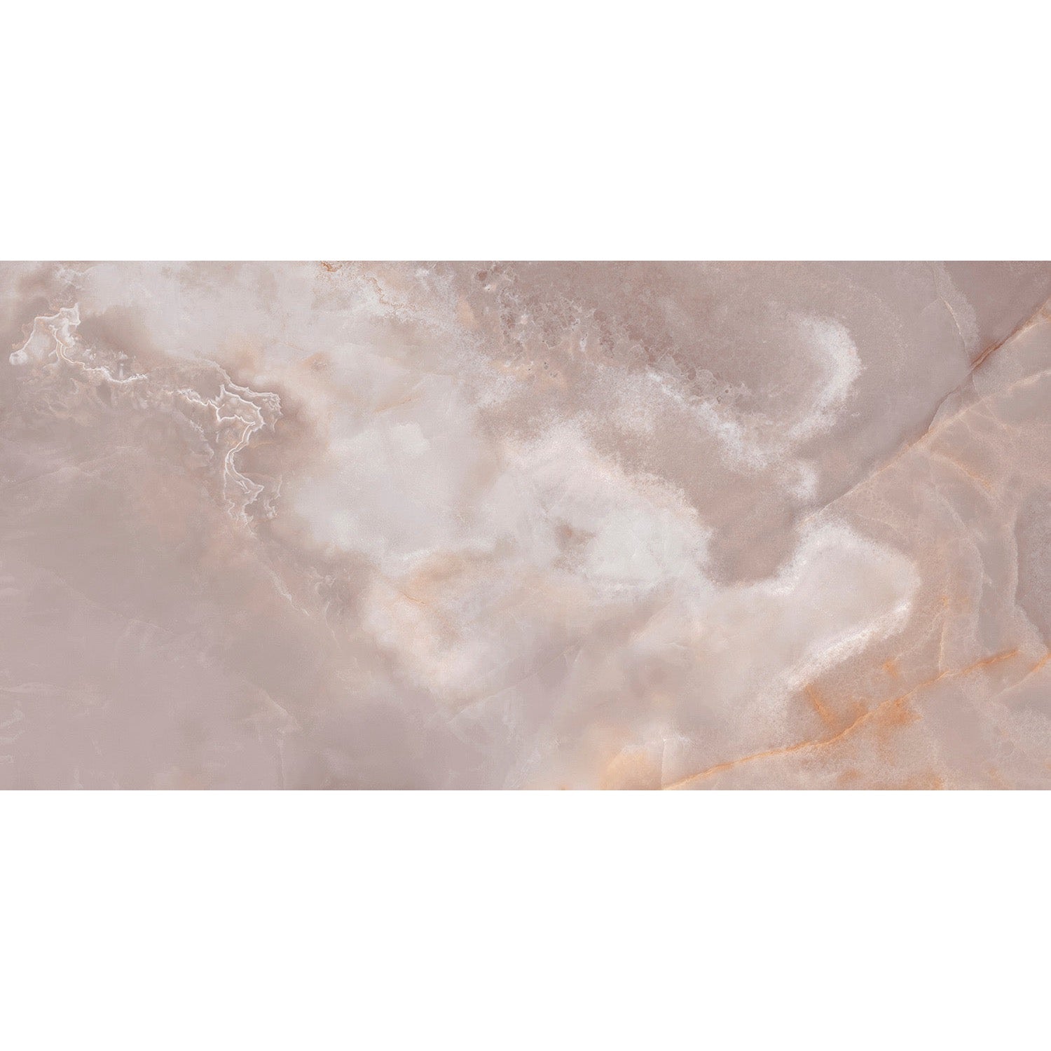 Close-up of Opal Coral super-polished onyx-effect porcelain tile veining