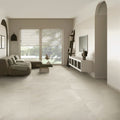 Modern living room with Pietra Ivory stone-effect floor tiles and neutral décor