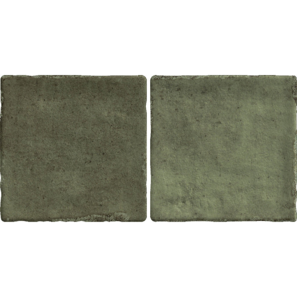 Close-up view of Pixel Green Glossy Square Wall Tiles showcasing rich sage green colour, handcrafted texture, and radiant glossy finish.