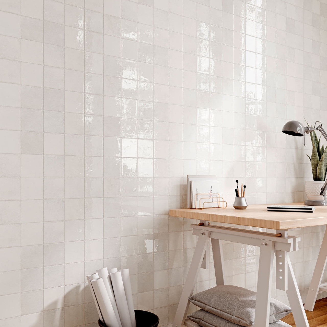Pixel White Glossy Square Wall Tile 10cm x 20cm used on office feature wall with wooden desk and minimalist decor