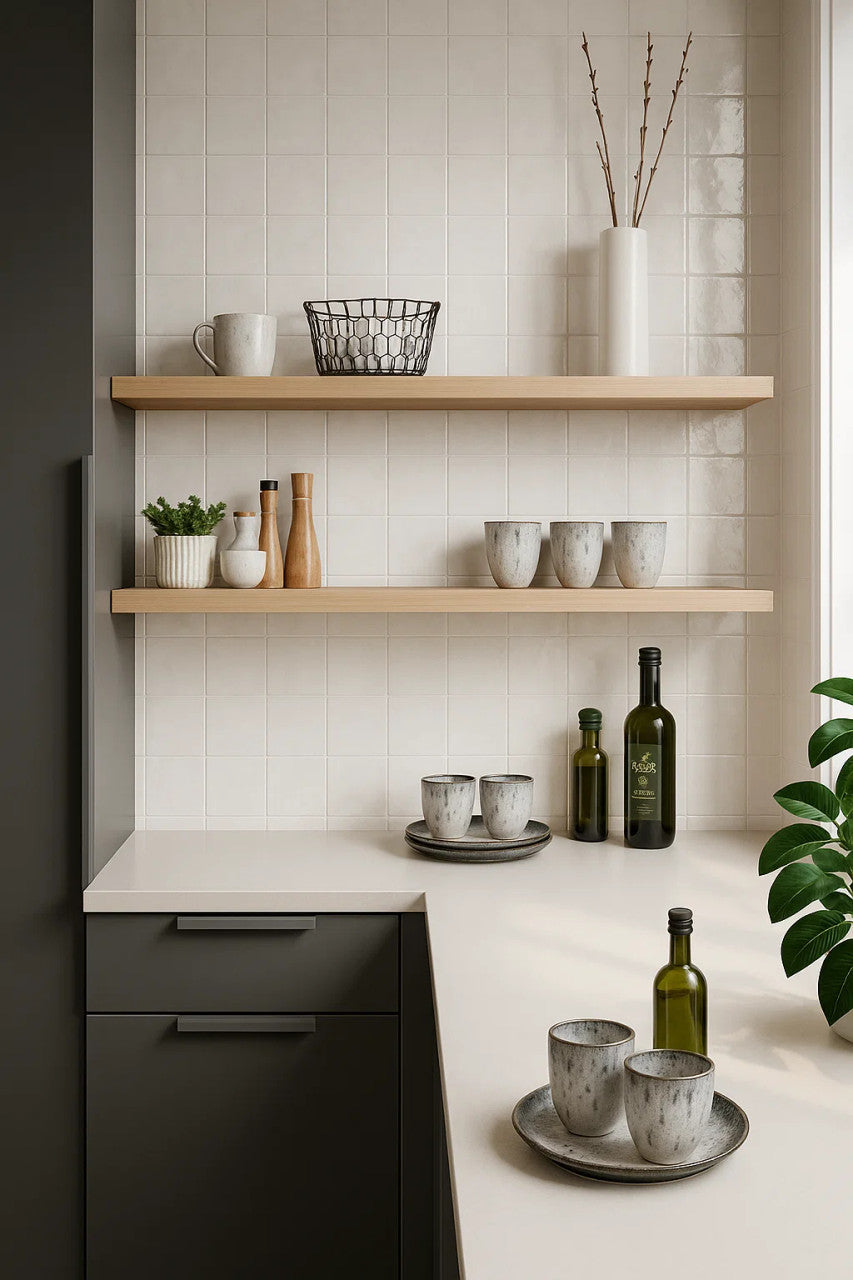 Pixel White Glossy Square Wall Tile 10cm x 20cm used as modern kitchen backsplash with floating wooden shelves and neutral decor