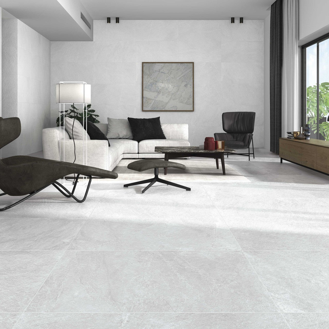 Contemporary living room featuring Quarry White stone-effect tiles on both floor and wall, paired with minimalist furniture.