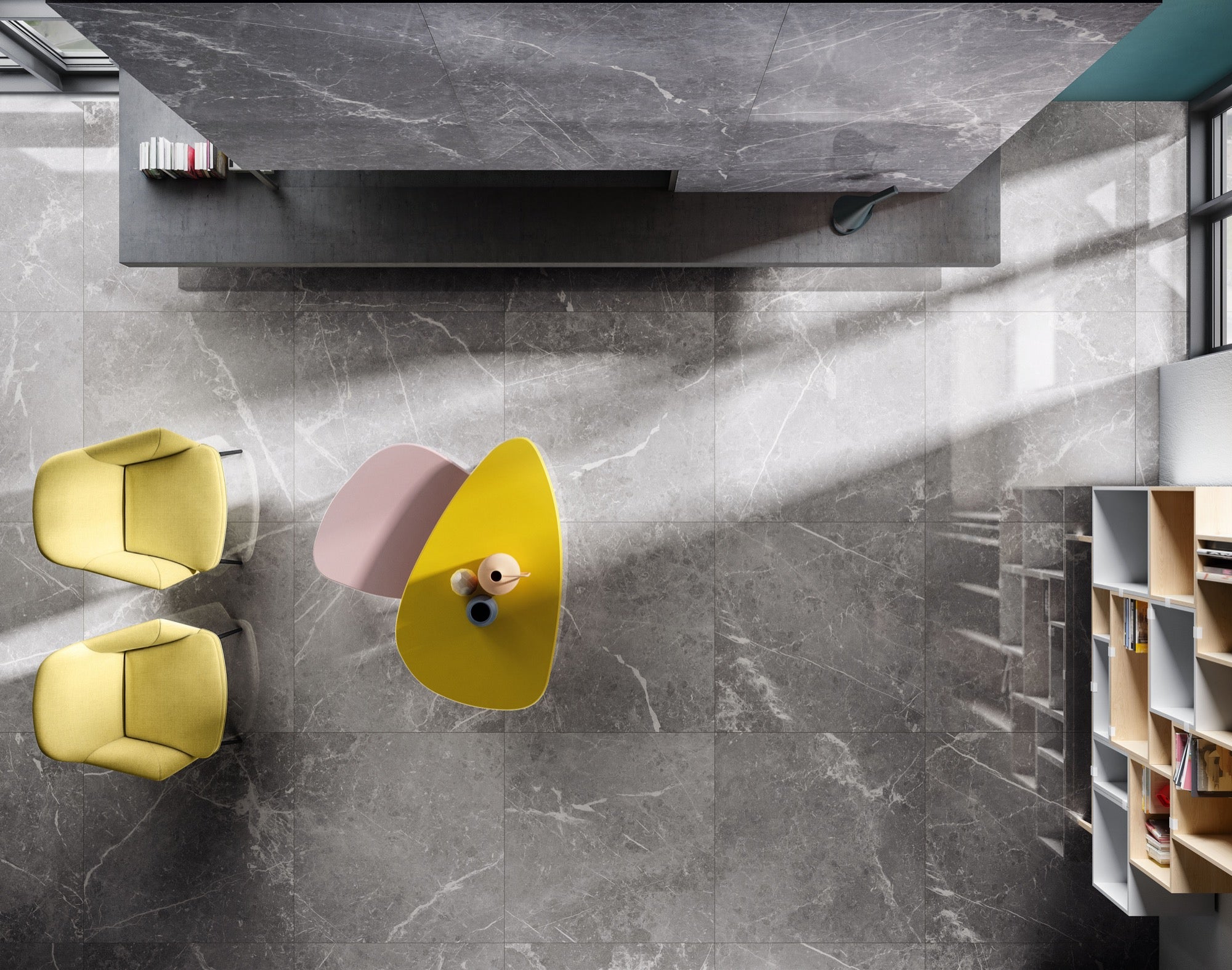 RAK Blu Del Belgio Clay Polished Marble-Effect Porcelain Tile — room setting