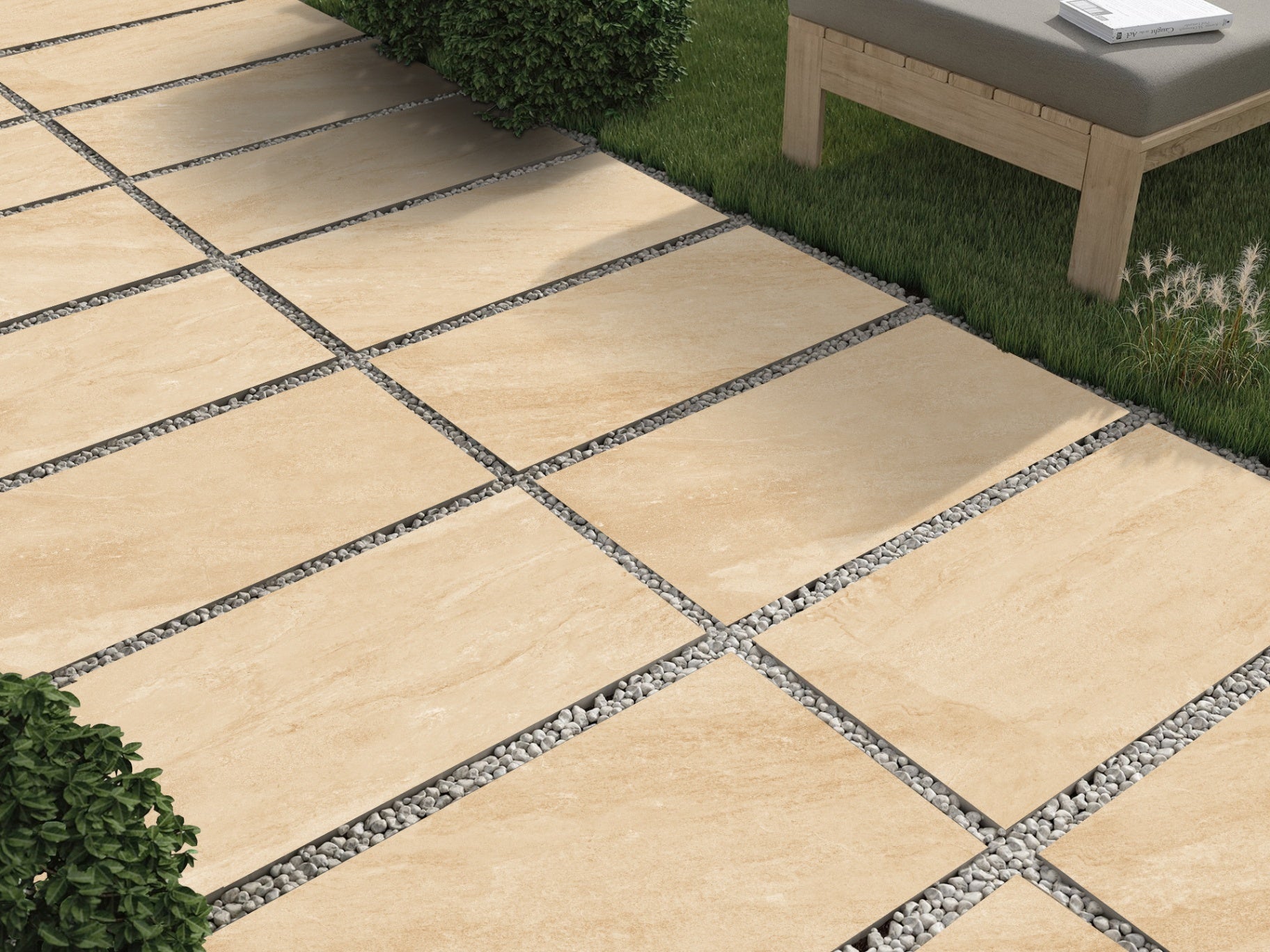 Natural rasa beige outdoor porcelain paving tiles 900x600mm laid on a UK garden patio