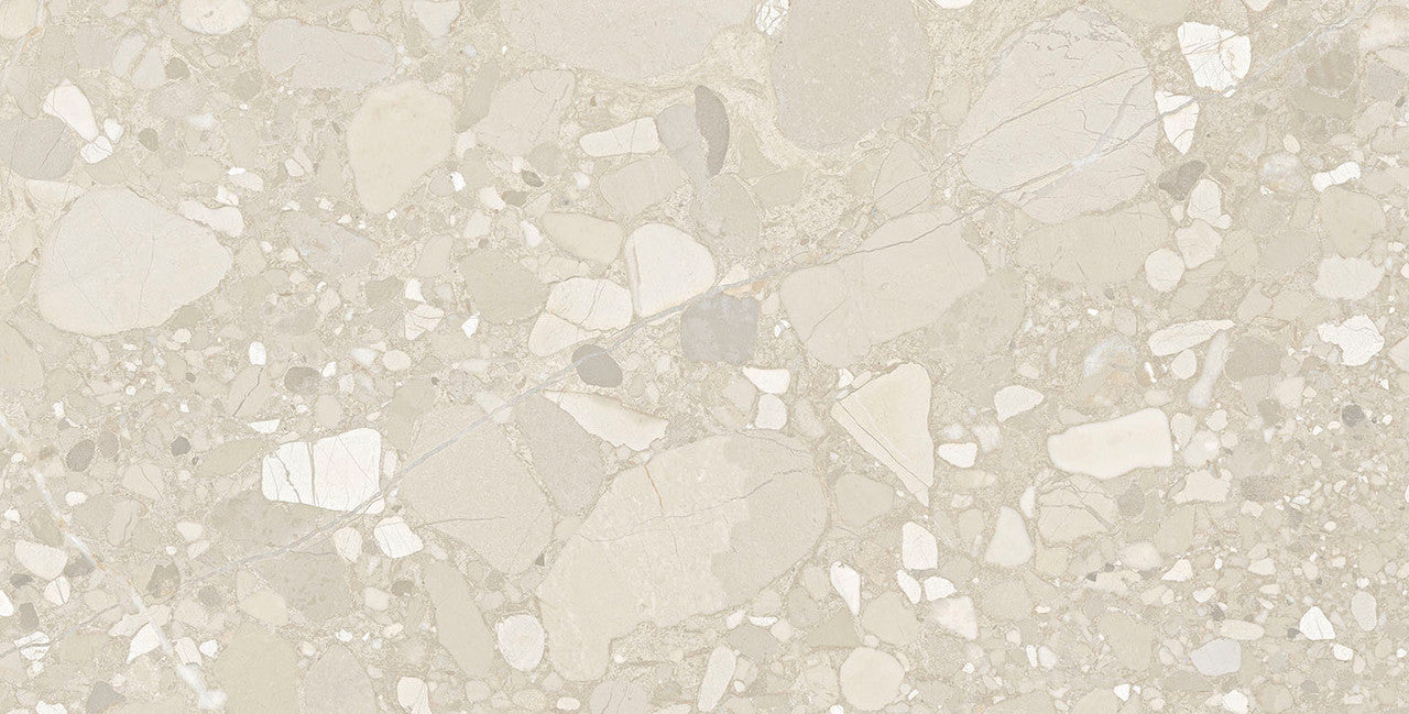 Flat lay of the Roca Beige Terrazzo tile showing stone-effect detailing and subtle variations.