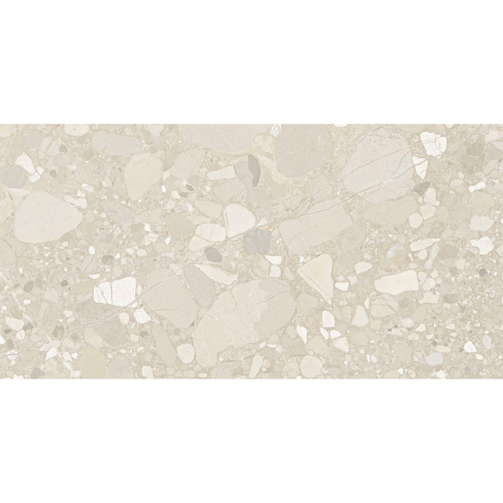 Flat lay of the Roca Beige Terrazzo tile showing stone-effect detailing and subtle variations.