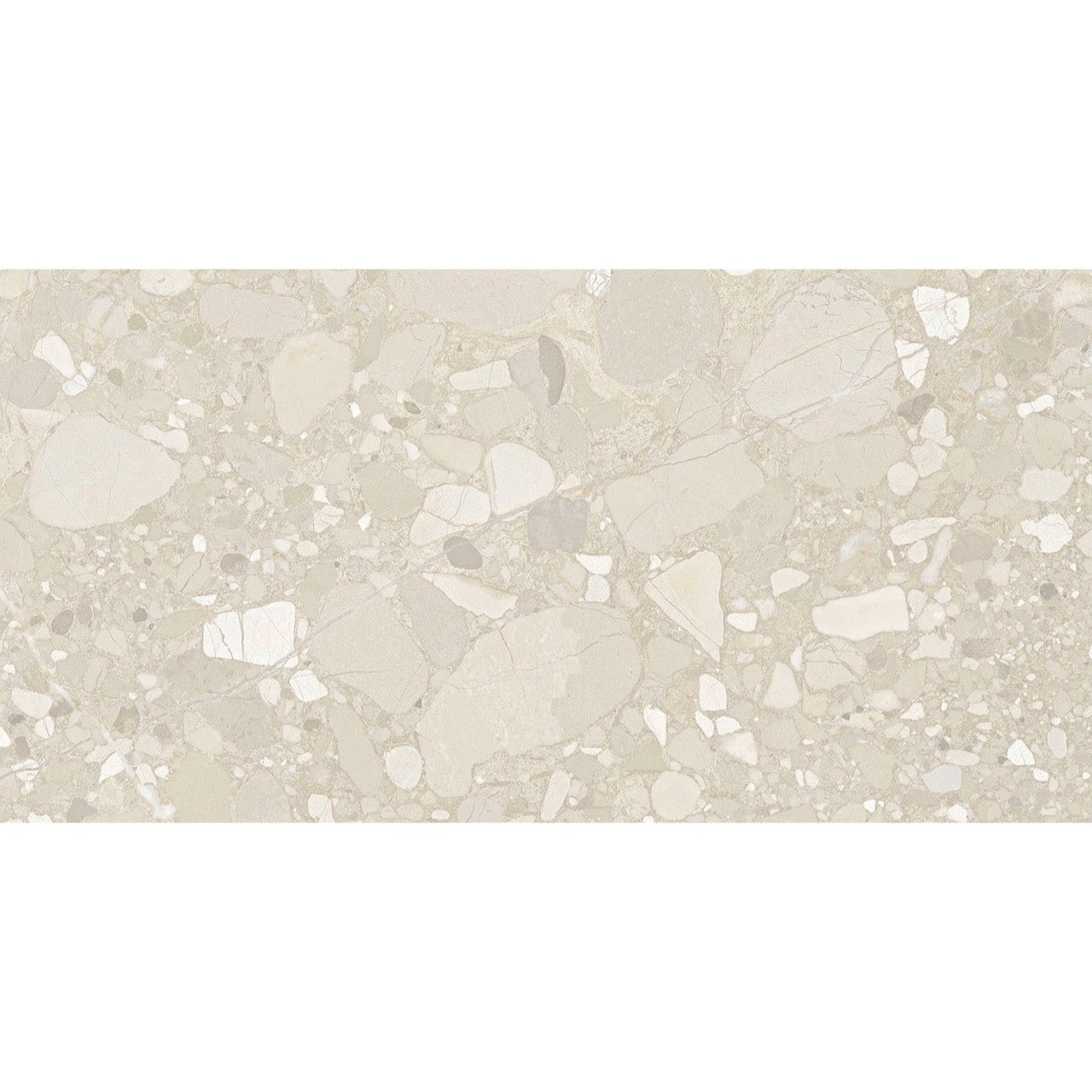 Flat lay of the Roca Beige Terrazzo tile showing stone-effect detailing and subtle variations.