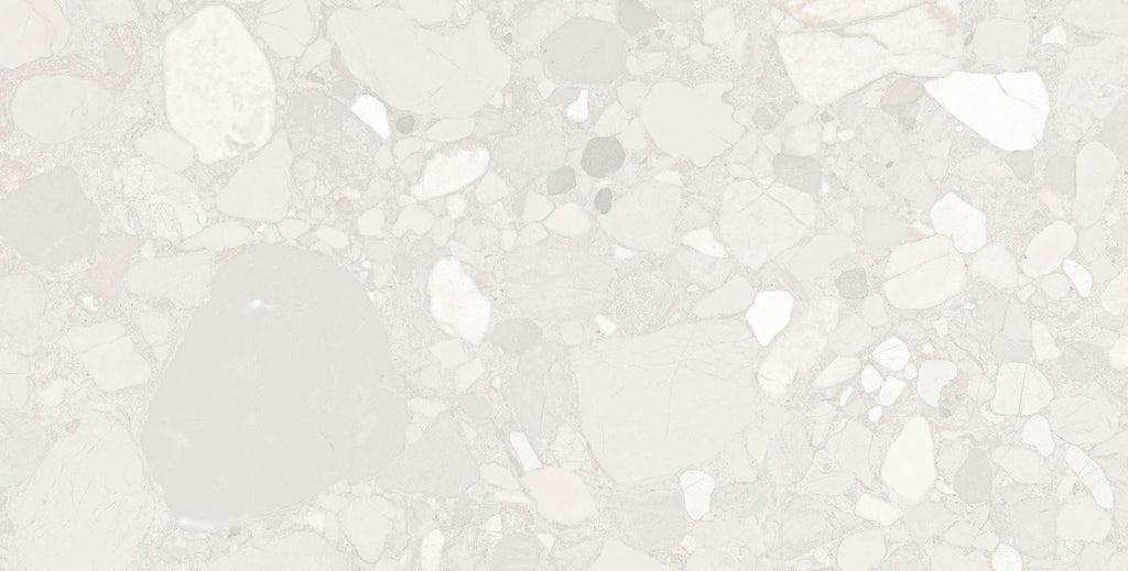 Close-up texture of the Roca White Terrazzo Matt Tile showing grey and white stone-chip detailing.