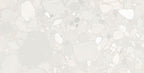 Close-up texture of the Roca White Terrazzo Matt Tile showing grey and white stone-chip detailing.