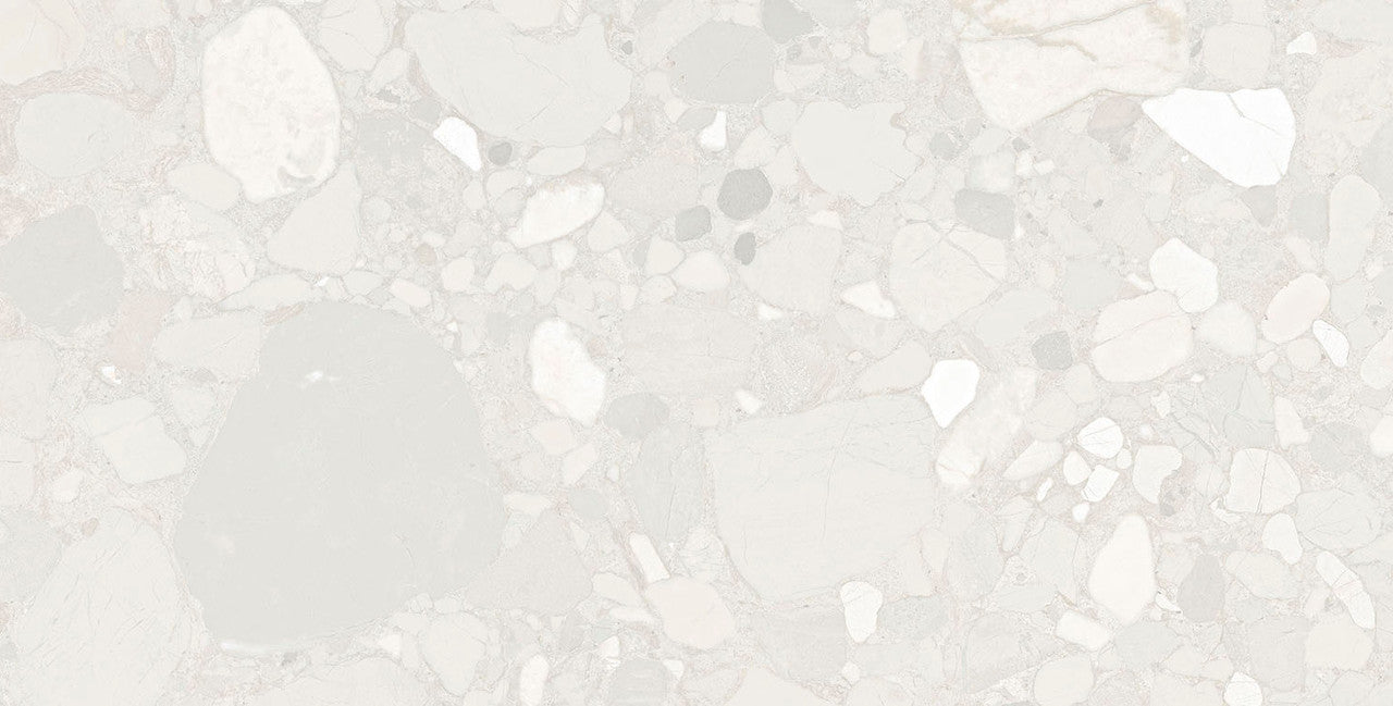 Close-up texture of the Roca White Terrazzo Matt Tile showing grey and white stone-chip detailing.