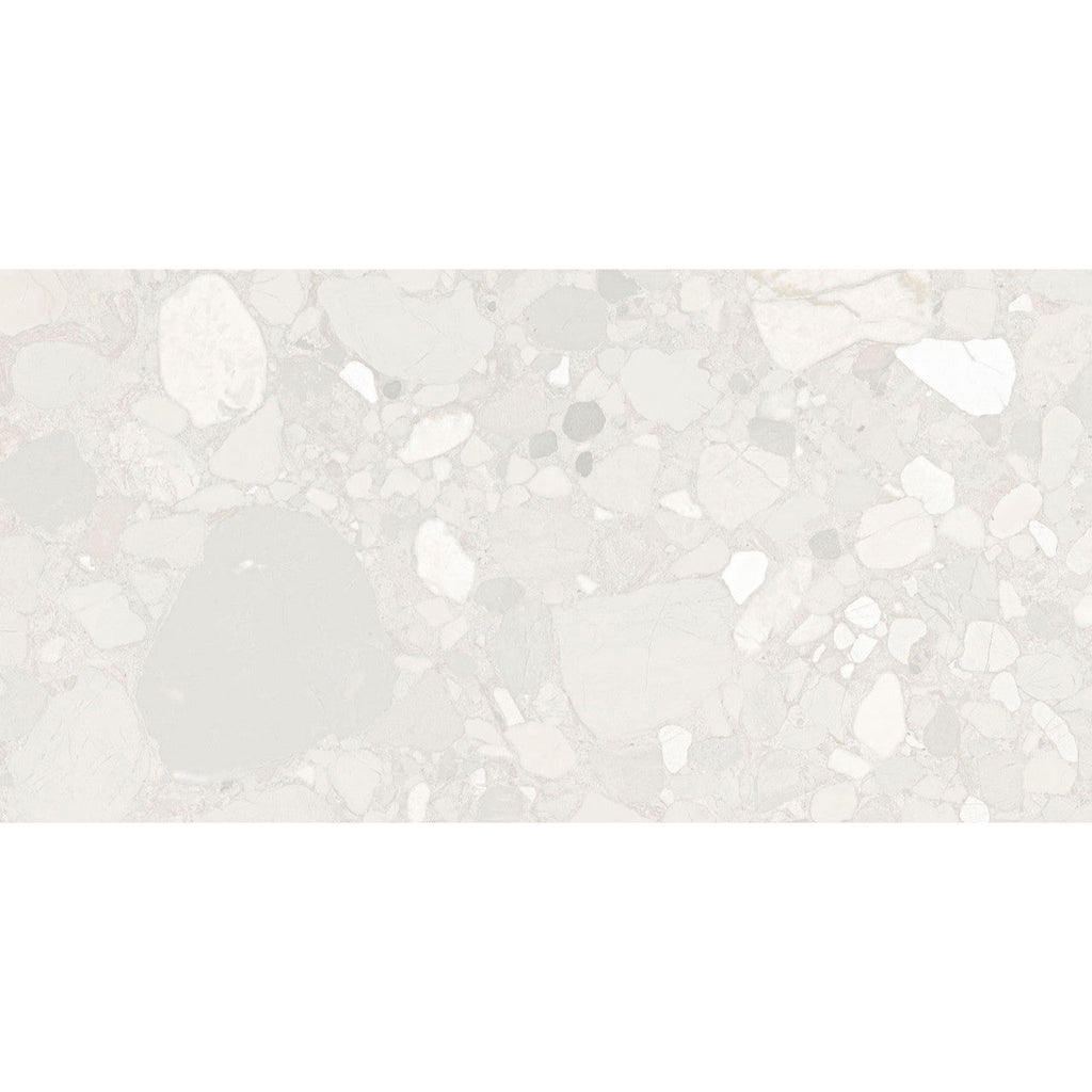 Close-up texture of the Roca White Terrazzo Matt Tile showing grey and white stone-chip detailing.