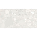 Close-up texture of the Roca White Terrazzo Matt Tile showing grey and white stone-chip detailing.