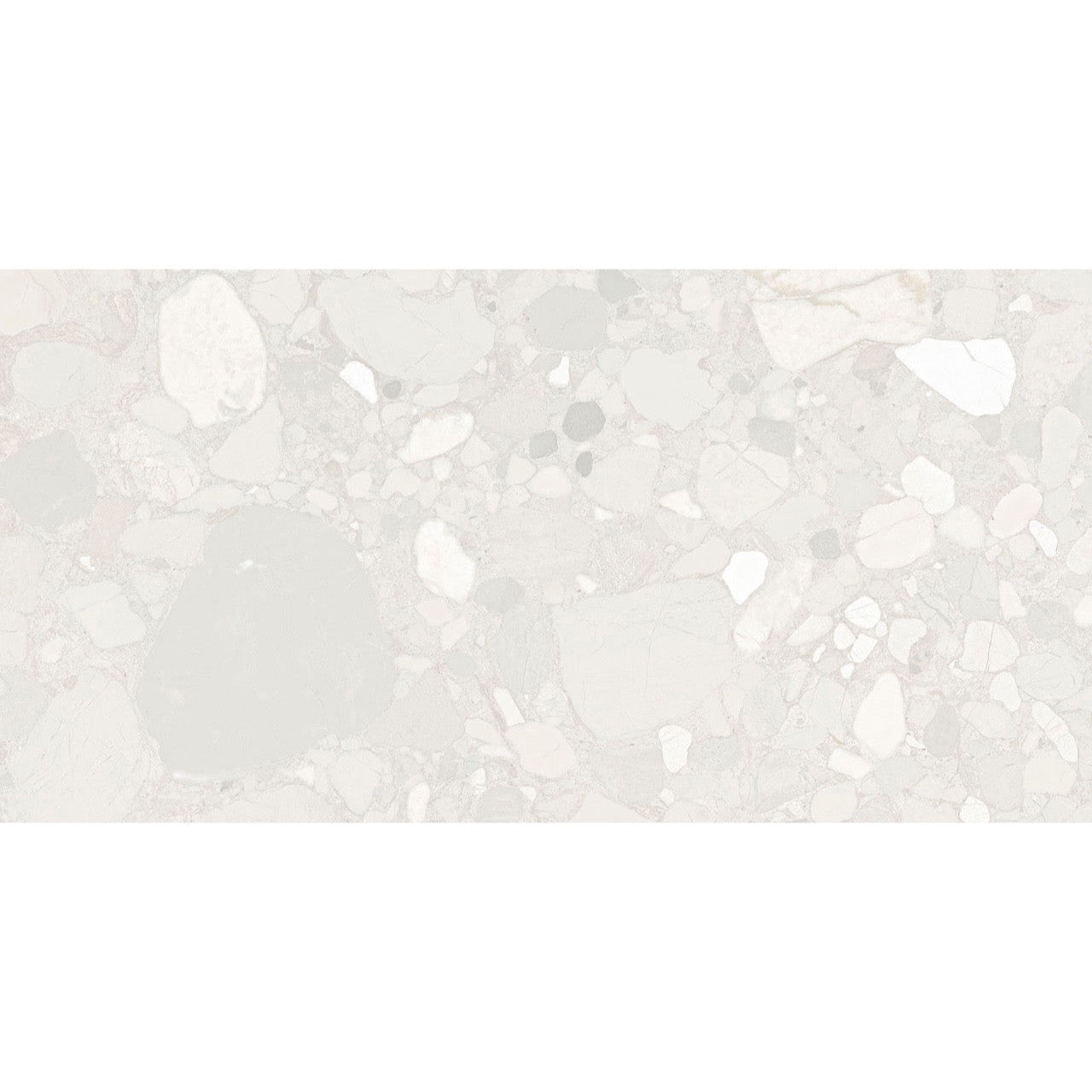 Close-up texture of the Roca White Terrazzo Matt Tile showing grey and white stone-chip detailing.