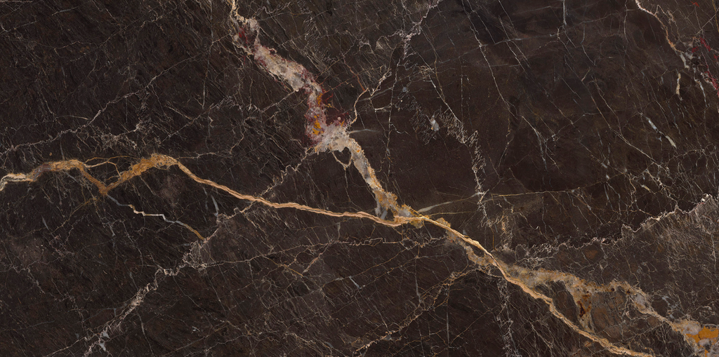 Close-up of Royale Black Polished Porcelain Tile 60x120cm showing rich black base with golden and white marble-like veining detail.