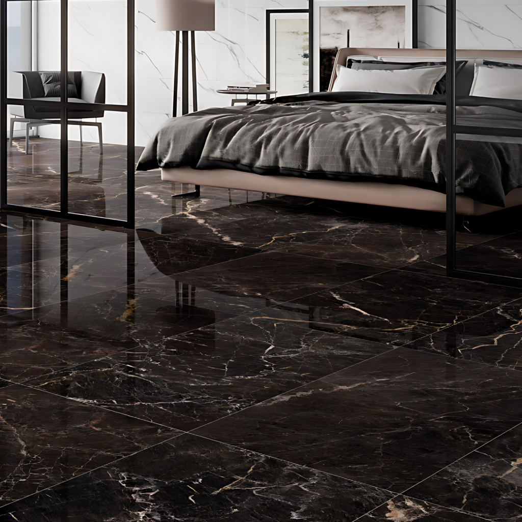 Royale Black Polished Porcelain Tile 60x120cm used on bedroom floor with modern decor, featuring bold marble veining and high-gloss finish.