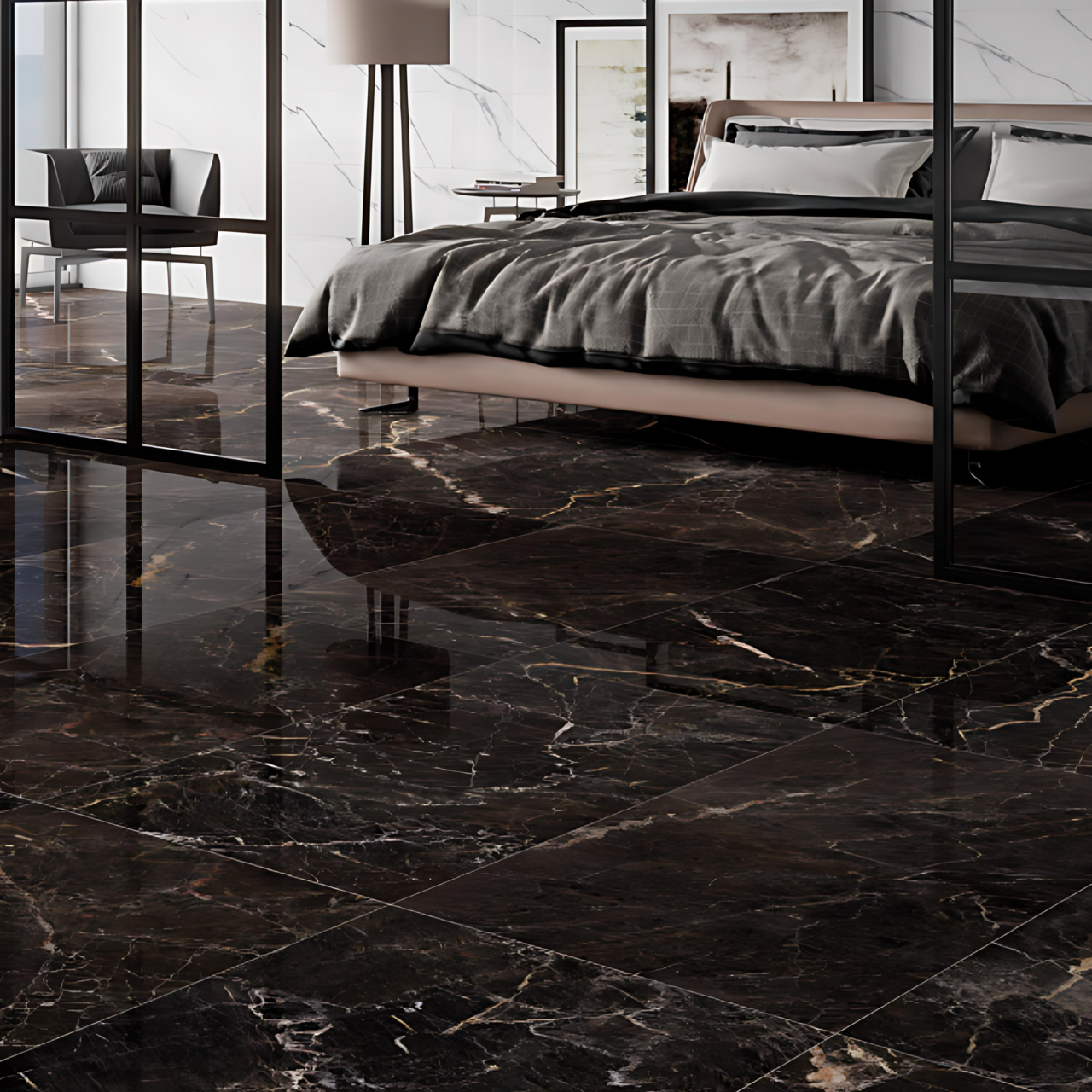 Royale Black Polished Porcelain Tile 60x120cm used on bedroom floor with modern decor, featuring bold marble veining and high-gloss finish.