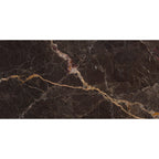 Close-up of Royale Black Polished Porcelain Tile 60x120cm showing rich black base with golden and white marble-like veining detail.
