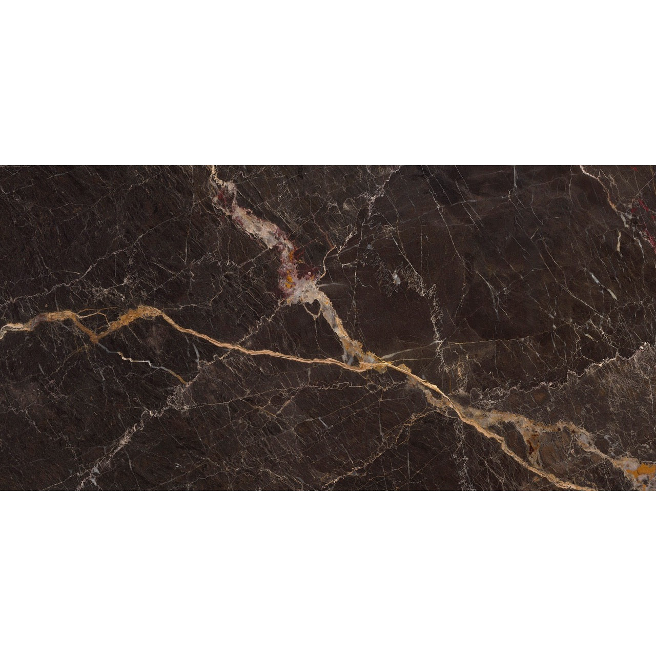 Close-up of Royale Black Polished Porcelain Tile 60x120cm showing rich black base with golden and white marble-like veining detail.