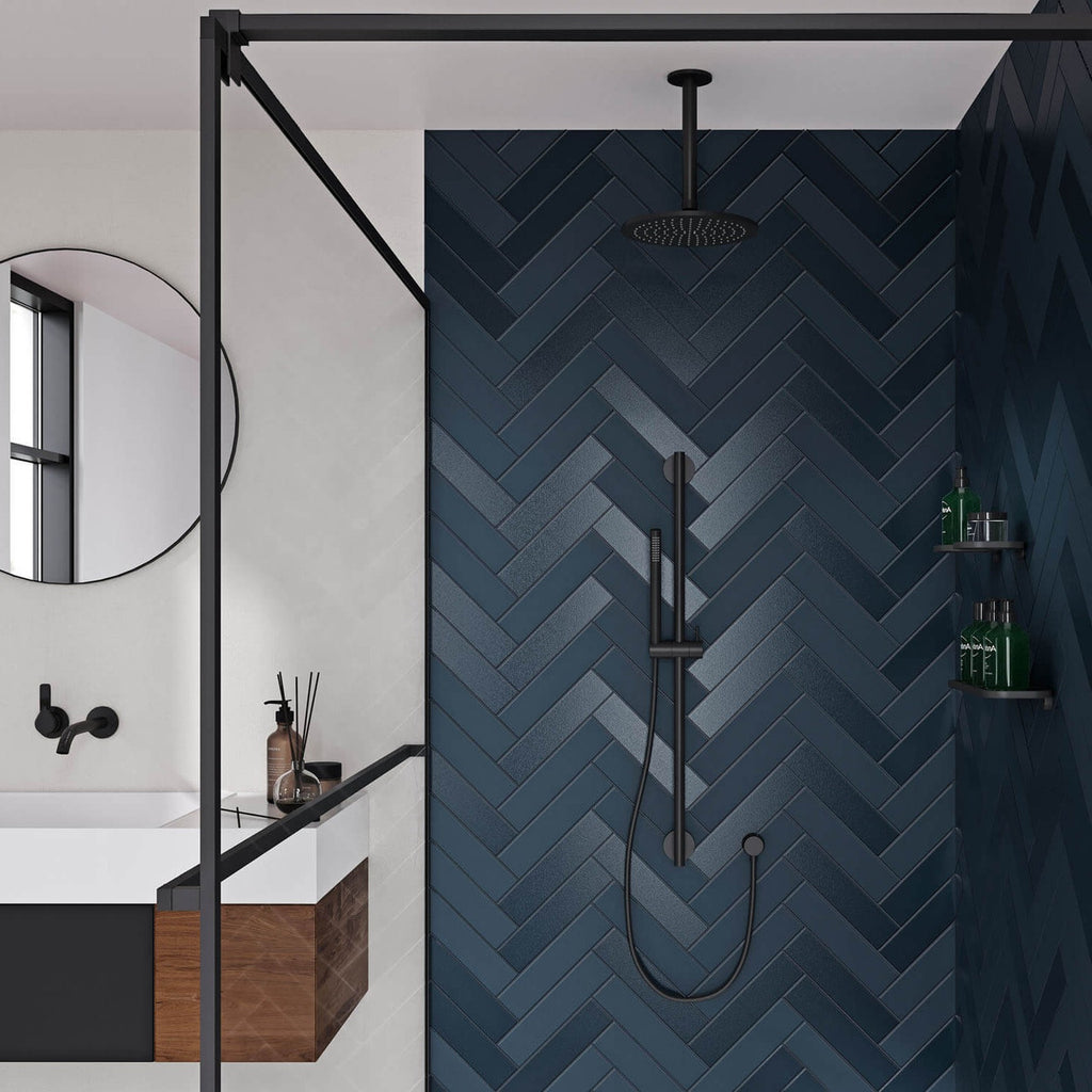 Serene Blue Glossy Metro Wall Tile 6cm x 25cm used in bathroom shower wall with modern black fixtures and herringbone layout