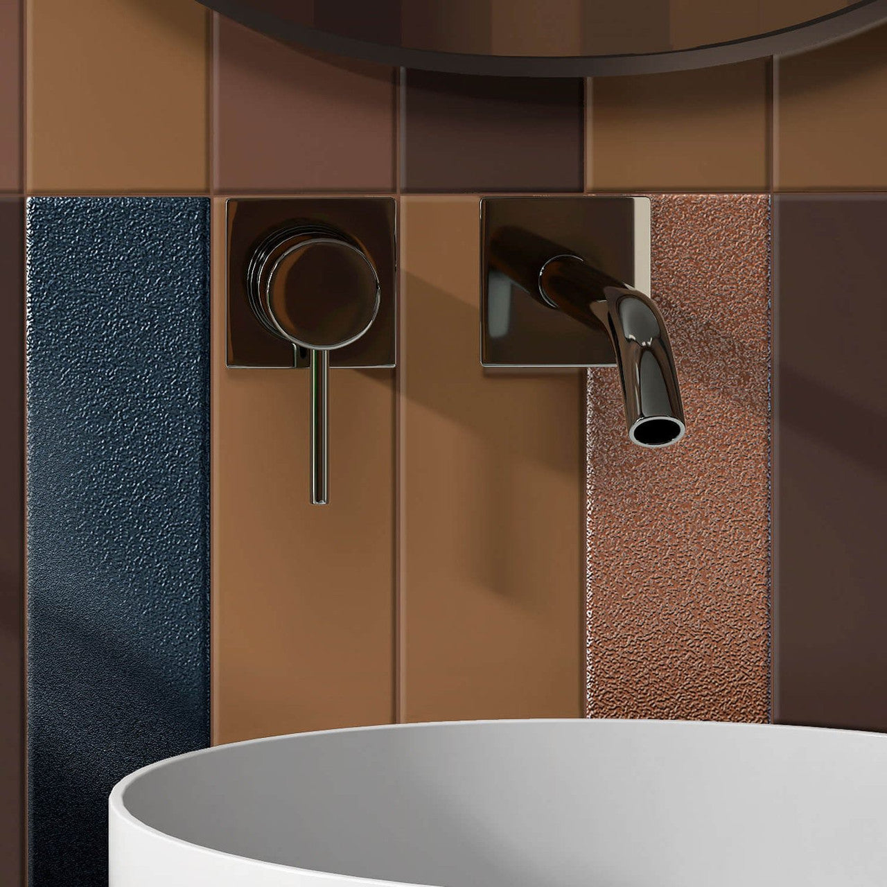 Bathroom feature wall styled with Serene Brown Matt Metro Tiles in a playful vertical stripe layout with complementary tones.