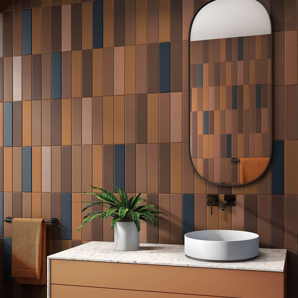 Detail of Serene Brown Matt Metro Tiles in a bathroom setting with black fixtures and mixed finishes.