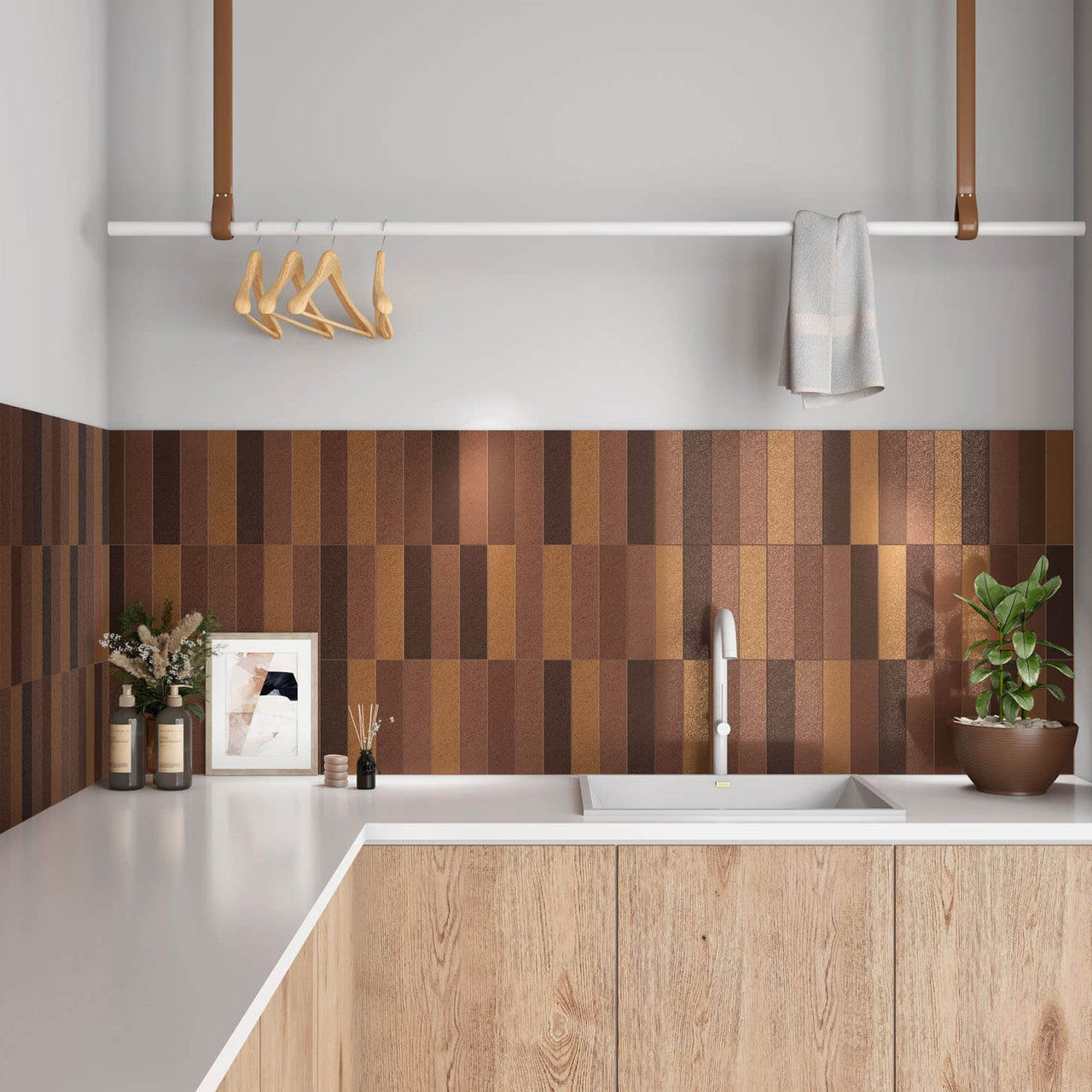 Laundry space showcasing a warm, natural look using Serene Brown Matt Metro Tiles alongside wood cabinetry.