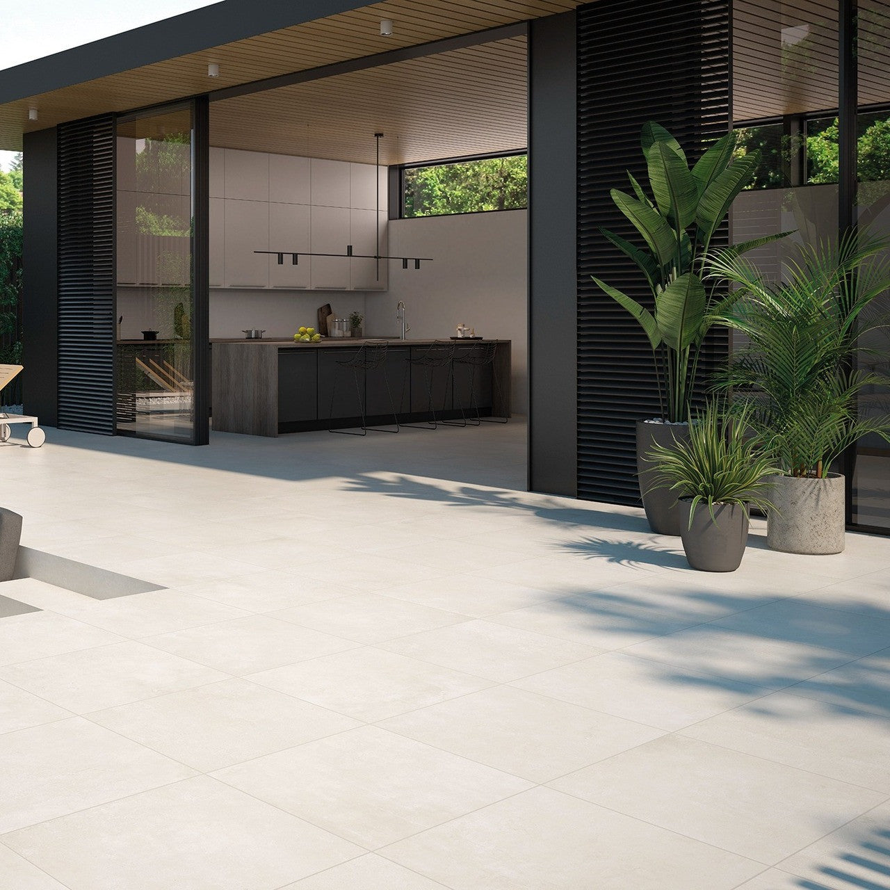 Modern outdoor kitchen space with Slater Beige 60x90cm outdoor tiles laid in a seamless layout.