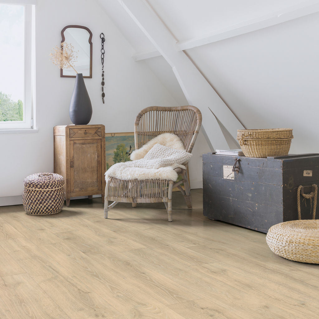 Quick‑Step Majestic Woodland Oak Beige 9.5mm Laminate Flooring (MJ3545) - Premium Quick-Step collection featuring oak luxury vinyl tile flooring with waterproof technology and easy click-fit installation