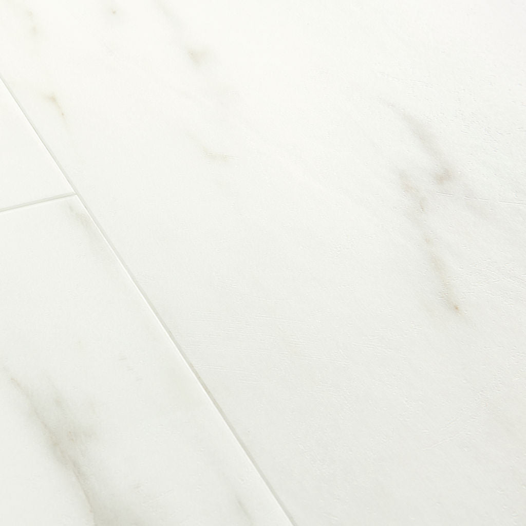 Quick-Step Alpha Vinyl Oro Marble Carrara White AVSTU40136 - Premium Quick-Step collection featuring white luxury vinyl tile flooring with waterproof technology and easy click-fit installation