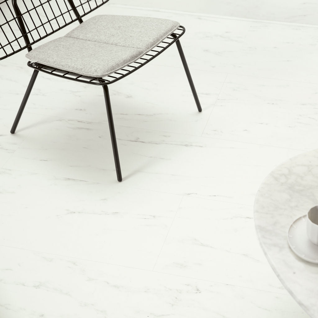 Quick-Step Alpha Vinyl Oro Marble Carrara White AVSTU40136 - Premium Quick-Step collection featuring white luxury vinyl tile flooring with waterproof technology and easy click-fit installation