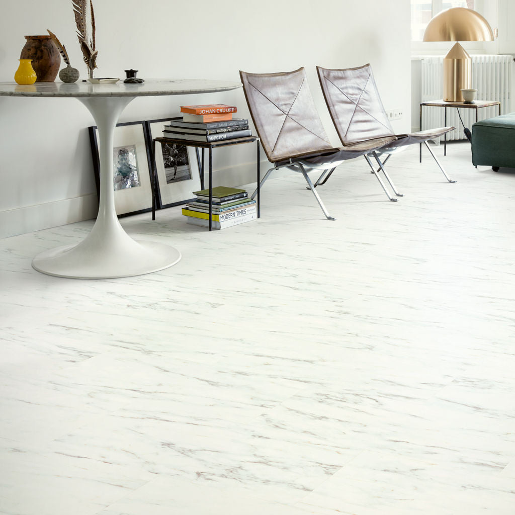 Quick-Step Alpha Vinyl Oro Marble Carrara White AVSTU40136 - Premium Quick-Step collection featuring white luxury vinyl tile flooring with waterproof technology and easy click-fit installation