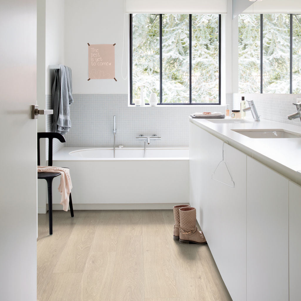 Quick-Step Alpha Bloom – Sea Breeze Oak Beige LVT Flooring (AVMPU40080) - Premium Alpha Bloom collection featuring oak luxury vinyl tile flooring with waterproof technology and easy click-fit installation